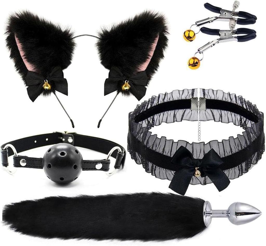 Sexy Backyard Anal Plug, Plush Cat Ears Headband, Collar, and Nipple Clamps—BDSM Bondage Set Sex Toys