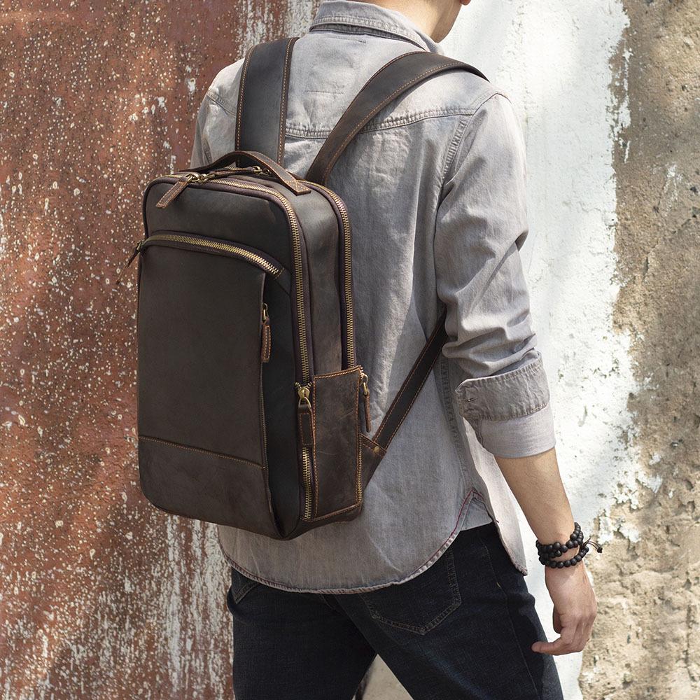 Retro Casual Crazy Horse Leather Double Shoulder Backpack, Genuine First Layer Cowhide for Men.