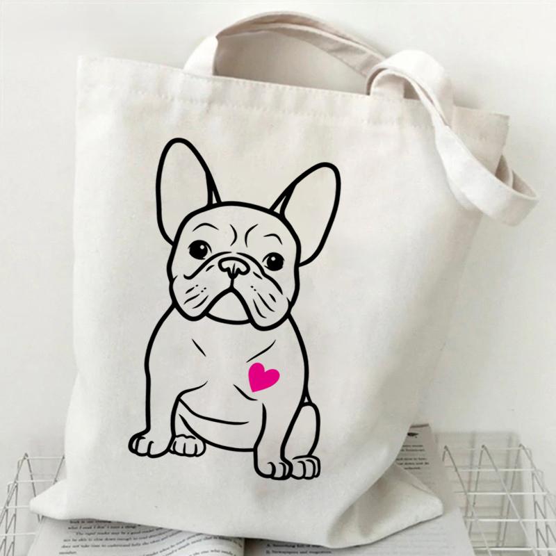 French Bulldog Heart Print Women s Handbags Animals Lover Design Canvas Shopping Bag Women French Bulldog Reusable Shoulder Bag