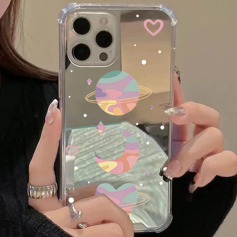 Colorful Moon Heart Pattern Phone Case For iPhone 16 15 14 13 12 11 Pro Max XS X XR 7 8 Plus SE2 Make Up Mirror Shockproof Cover