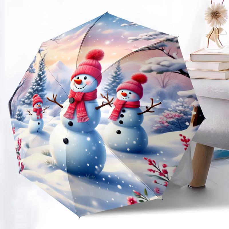 

1pc Sturdy 8-Bone Auto Umbrella, Lovely Snowman Umbrella, Digital Printed, Foldable Umbrella for On-the-Go Outdoor Use