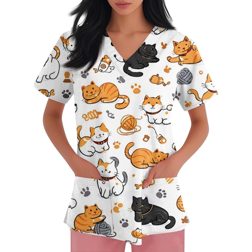 Women's Casual Short-Sleeve Cute Animal Print V-Neck Pocket Workwear Top