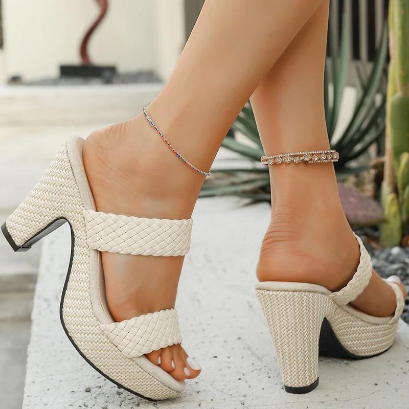 Fashion Women Woven Pu Leather Thick Bottom Slippers Summer Open Toe High Heel Sandals Woman Fashion Wear-Resistant Slip On Slides Mujer