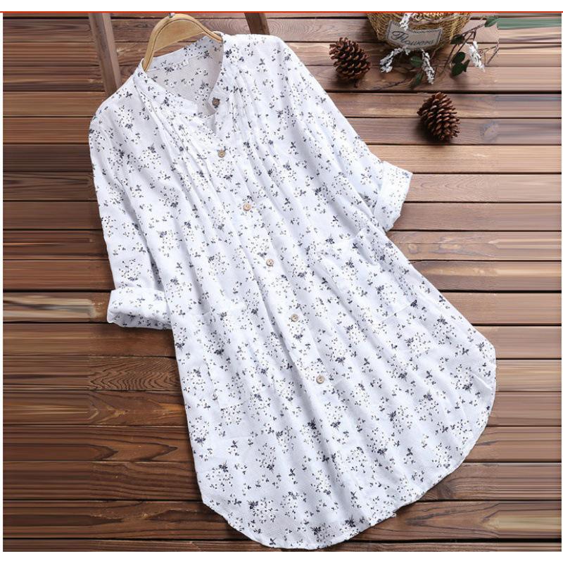 2019 Hot-Selling Women's Cotton & Linen Floral Loose Shirt, Medium and Long Length