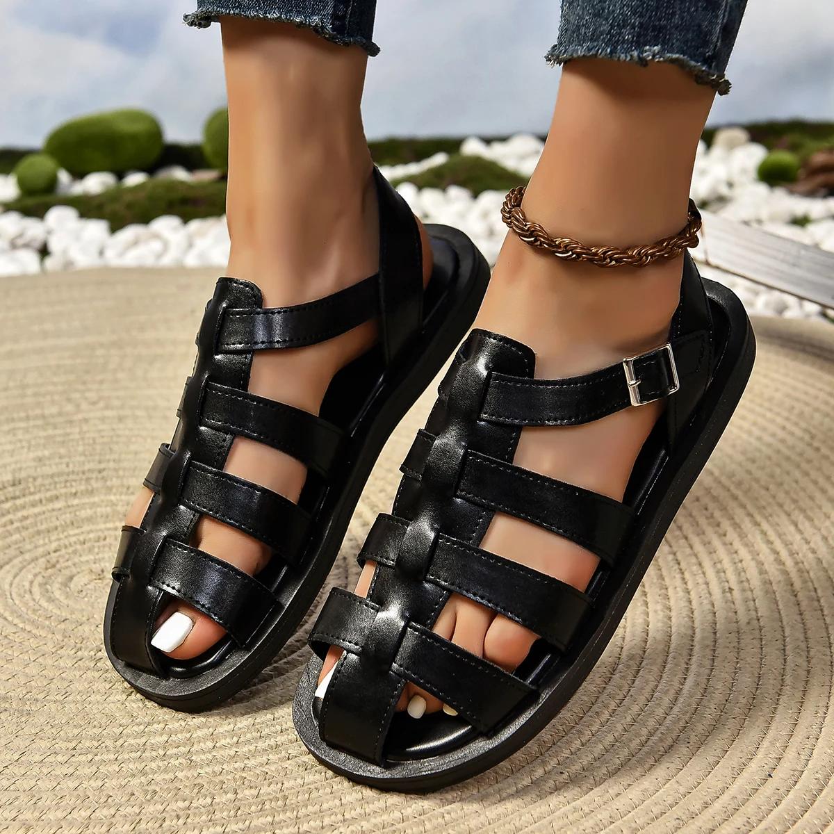 

мода Модные женские сандалии на плоской подошве с пряжкой и ремешком Летние женские сандалии с цепочкой на щиколотке Мягкие нескользящие сандалии-гладиаторы 36 чёрный