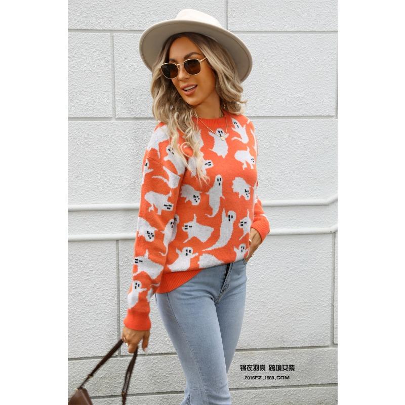 Women Pullover Halloween Sweaters Ghost Print Jumpers Long Sleeves O Neck Loose Slight Strech Casual Office Lady 2025 Autumn