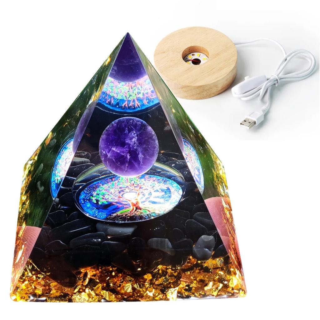 Pyramid Orgonite + Led Lamp Base 5Cm Crystal Stones Amulet 5Cm Hx03