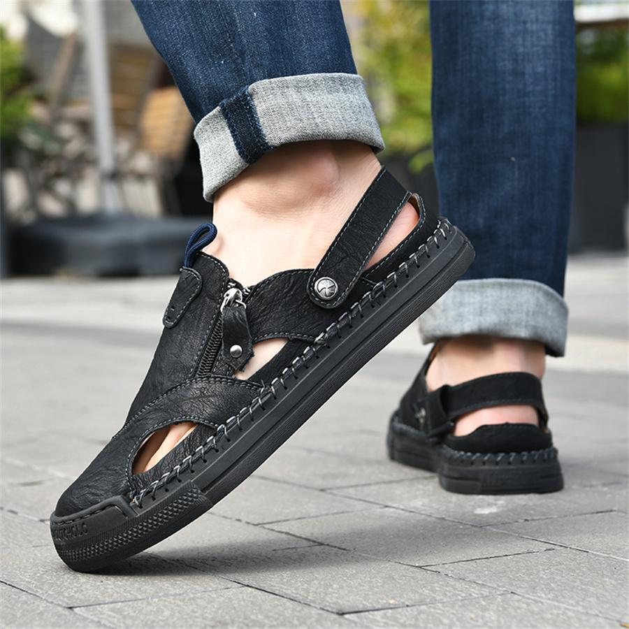 Anti-collision Toe Summer Shoes Leather Mens Sandals Outdoor Walking Sandals for Men Non-Slip Loafers Hollow Out Man Beach Flats