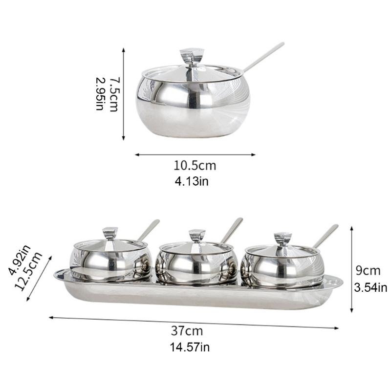 Durable 304 Stainless Steel Condiment Container Set With Lid And Spoons Spices Storage Solution For Home Use