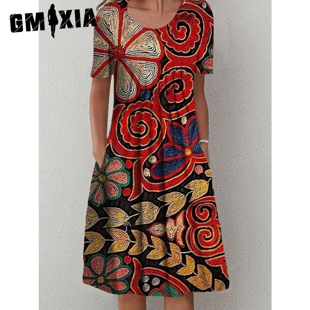 GMXIA 30 Color Pleated Midi Dress Short Sleeve Round Neck Loose Hem Mid-Calf Length Women Floral A-Line Party Dress Casual Wear