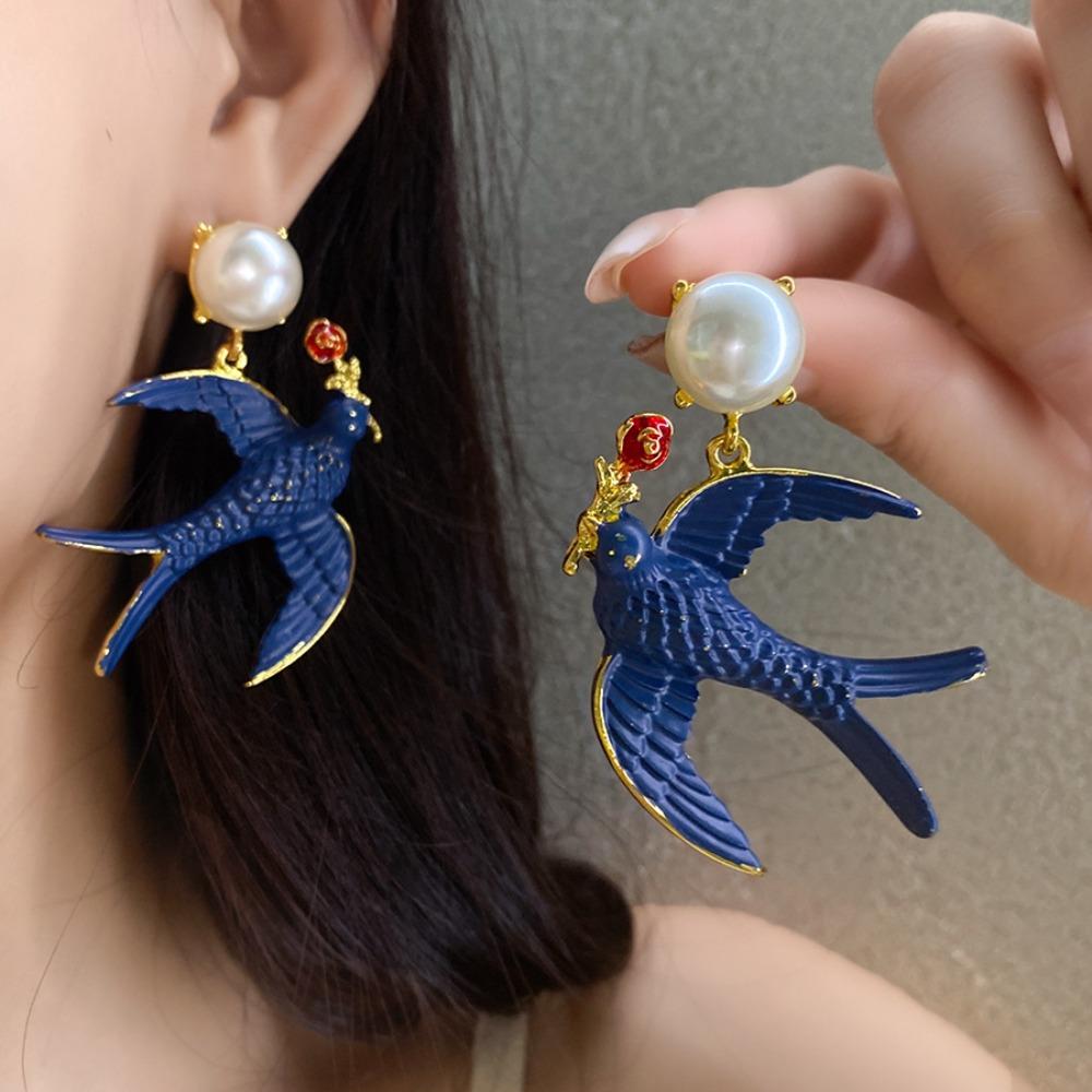Exquisite Teardrop-shaped Tassels Blue Spray-painted Double Swallows Imitation Pearl Beaded Necklace Earring for Women Jewelry