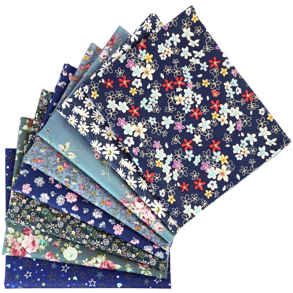 Set of 8 Cotton Quilting Fabric Scraps for Patchwork and Cute Cut Cloths Blue with Chrysanthemum 100% Crafts, 46x56cm, (Dark Design)