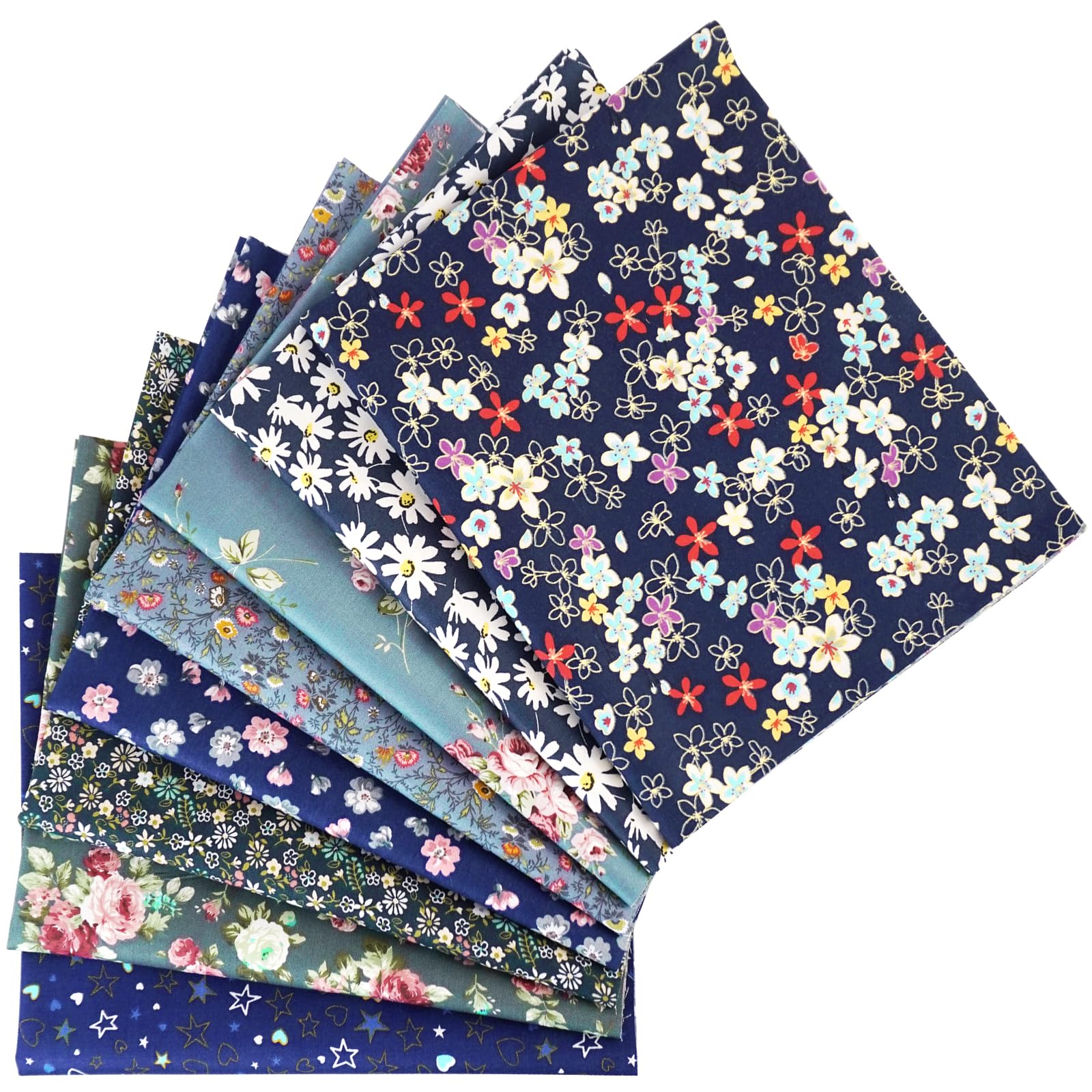 

Set of 8 Cotton Quilting Fabric Scraps for Patchwork and Cute Cut Cloths Blue with Chrysanthemum 100% Crafts, 46x56cm, (Dark Design)