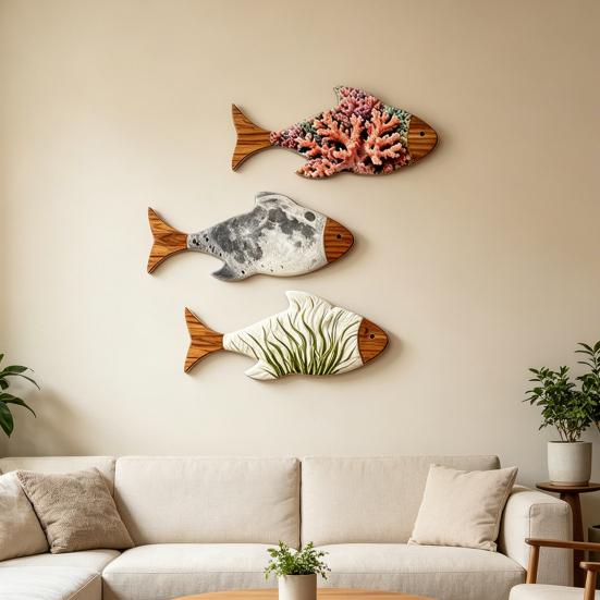 3Pcs Wooden Fish Wall Decoration, Coral Moon Seaweed Fish Hanging Ornament, Nautical Coastal Ocean Theme Wall Art for Bathroom, Living Room