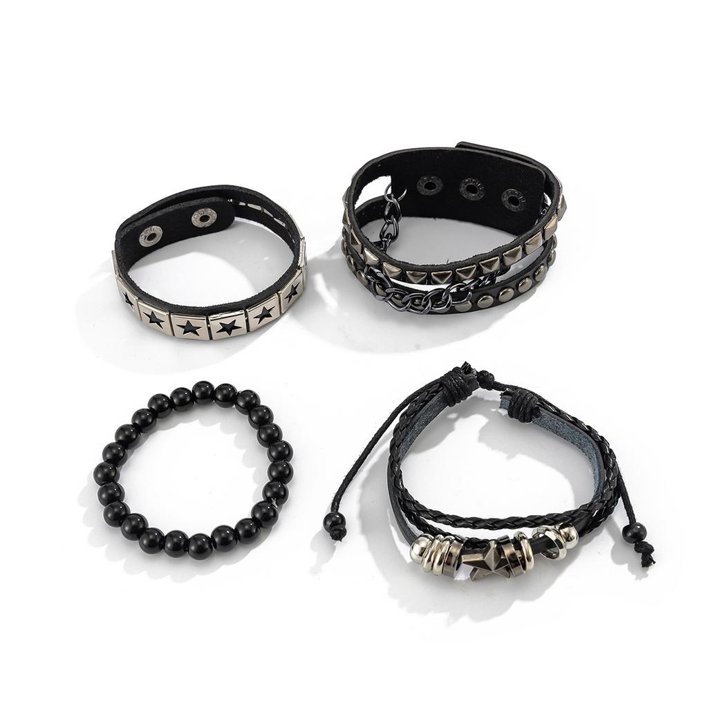 Vintage Fashion Five-Pointed Star Leather Bracelet for Men Hip-Hop Personality Chain Bracelet Men's Beaded Jewelry