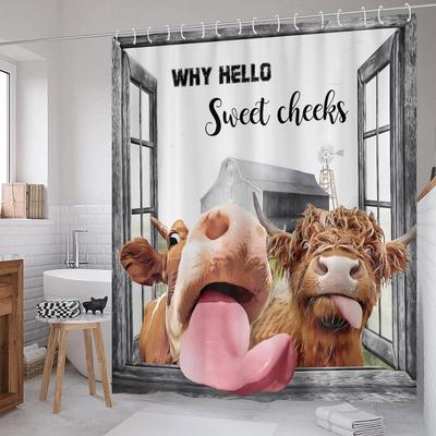 Funny Highland Cow Shower Curtain Rustic Bull Cattle Vintage Windmill Western Country Farmhouse Bathroom Curtains Waterproof Pol