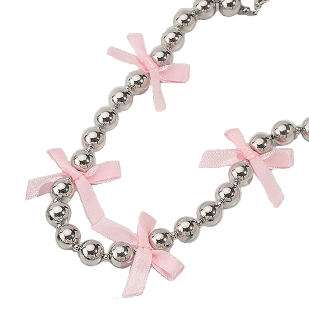Sweet Bowknot Beaded Necklace Elegant Ribbon Bows Round Bead Choker Necklaces for Women Girls Clavicle Chain Jewelry