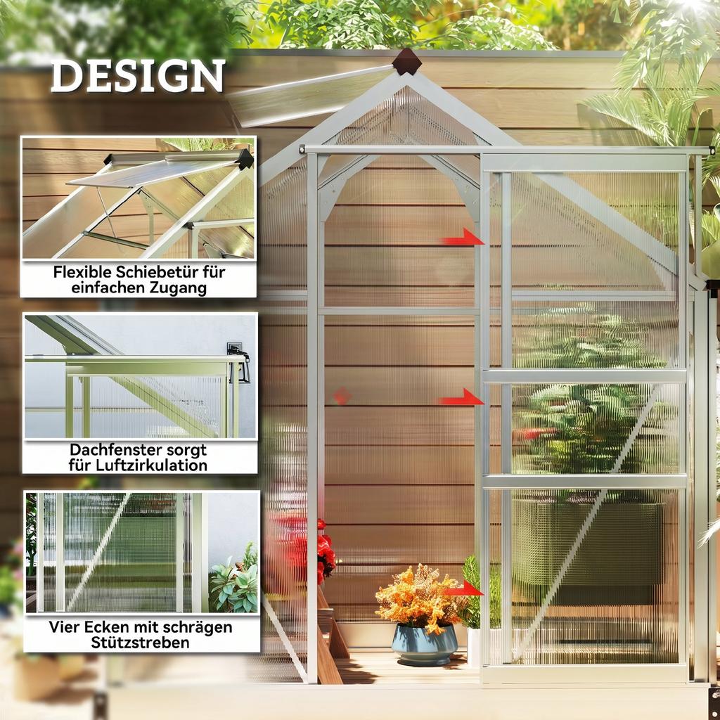 Polycarbonate Greenhouse, Large Walk-In Green House with Slide Door and Window, Aluminium Frame, 6x4ft, Silver Tone