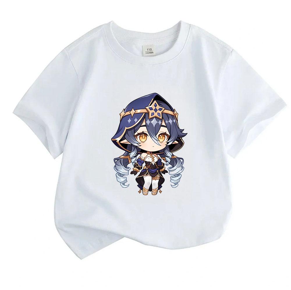 Kids Boys Girls 100% Cotton O-Neck Short Sleeve T-Shirt, Cute Chibi Anime Game Character Printed Casual Soft Breathable Daily Summer Tee Top for Child