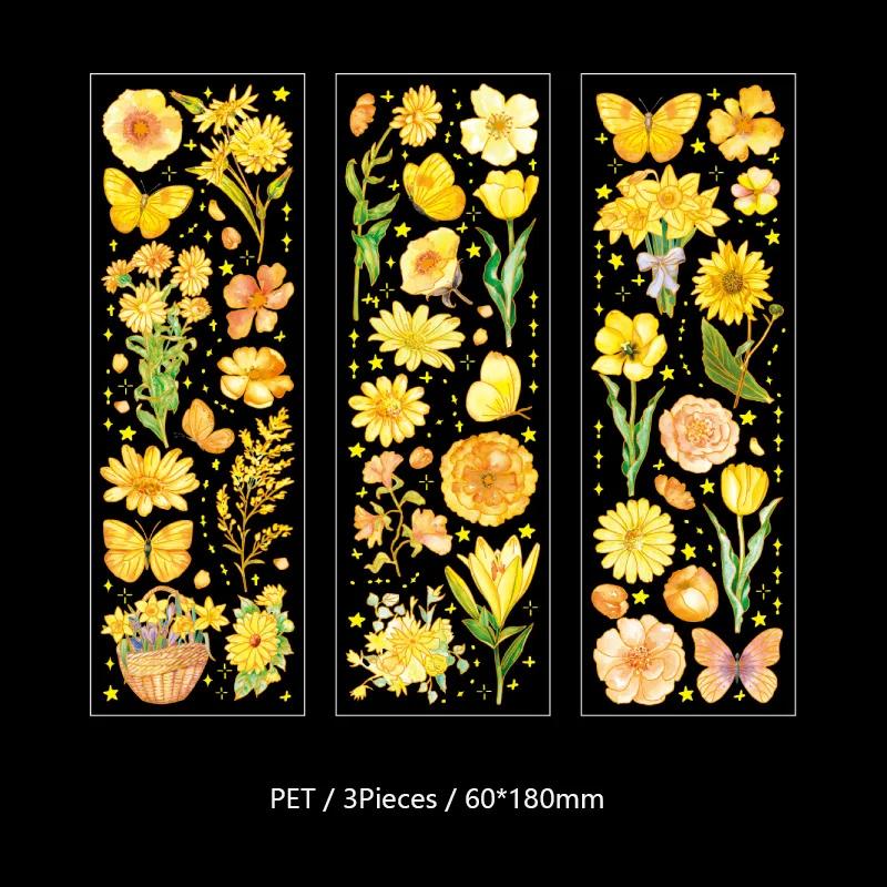 3pcs/pack Gilding Craft PET Stickers Floral Sticker DIY Cut Collage Junk Journal Decor Scrapbooking Waterproof Stickers