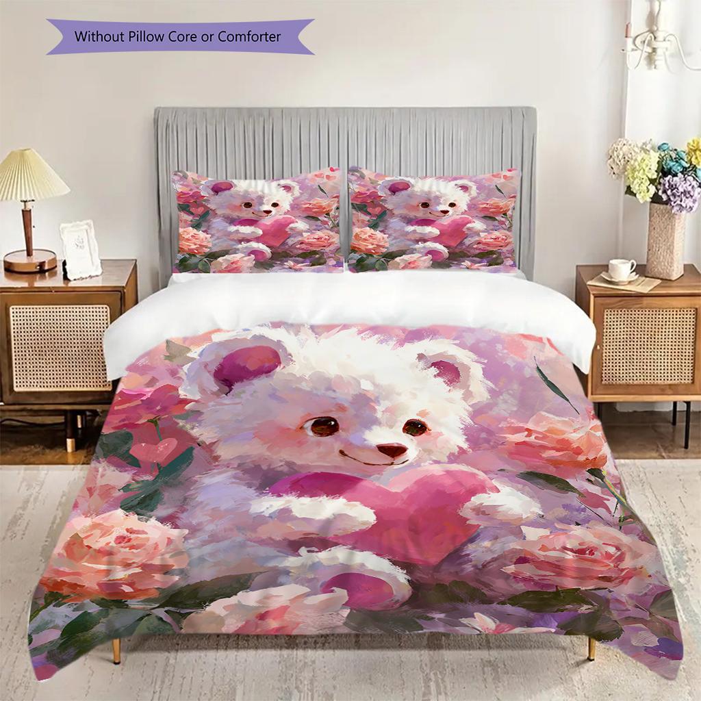 Bear Doll Pattern Bedding Quilt Set Quilt Cover Pillowcase Home Decoration Birthday Gift (1 * duvet cover + 2 * pillowcase, without core)