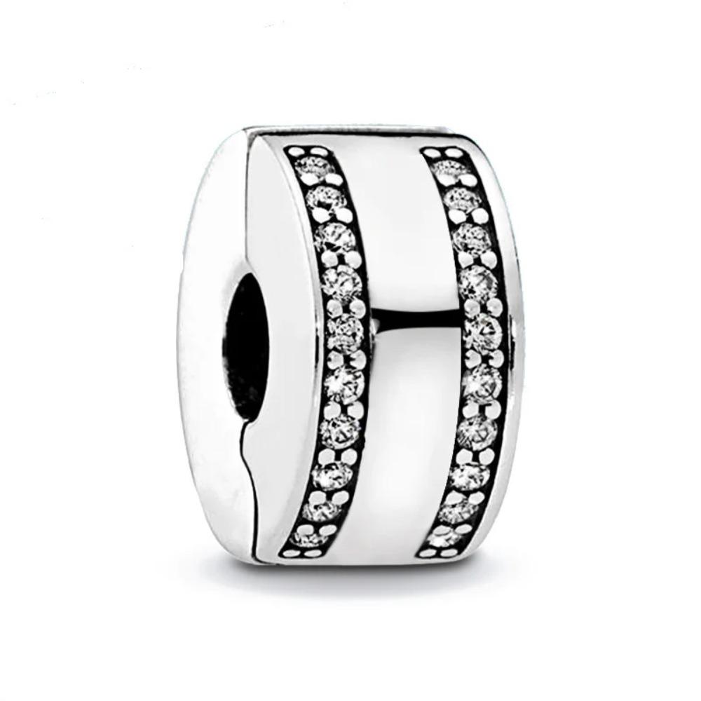 New 925 Silver Round Flower Pattern Sparkling Pink Heart-shaped Clip Charm Bead Fit for Original Bracelet DIY Women's Jewelry