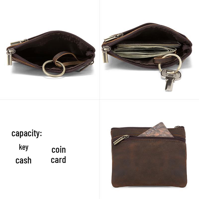Vintage Cowhide Mini Coin Purse with Zipper - Slim, Stylish Coin Storage Bag with Pendant