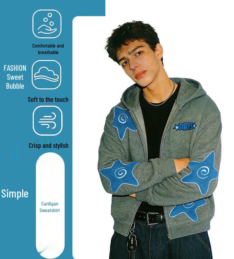 ARES 26 Heavyweight Fleece-Lined Men's Swirl Star Zipper Cardigan Hoodie - Embroidered, 400g Spring Style