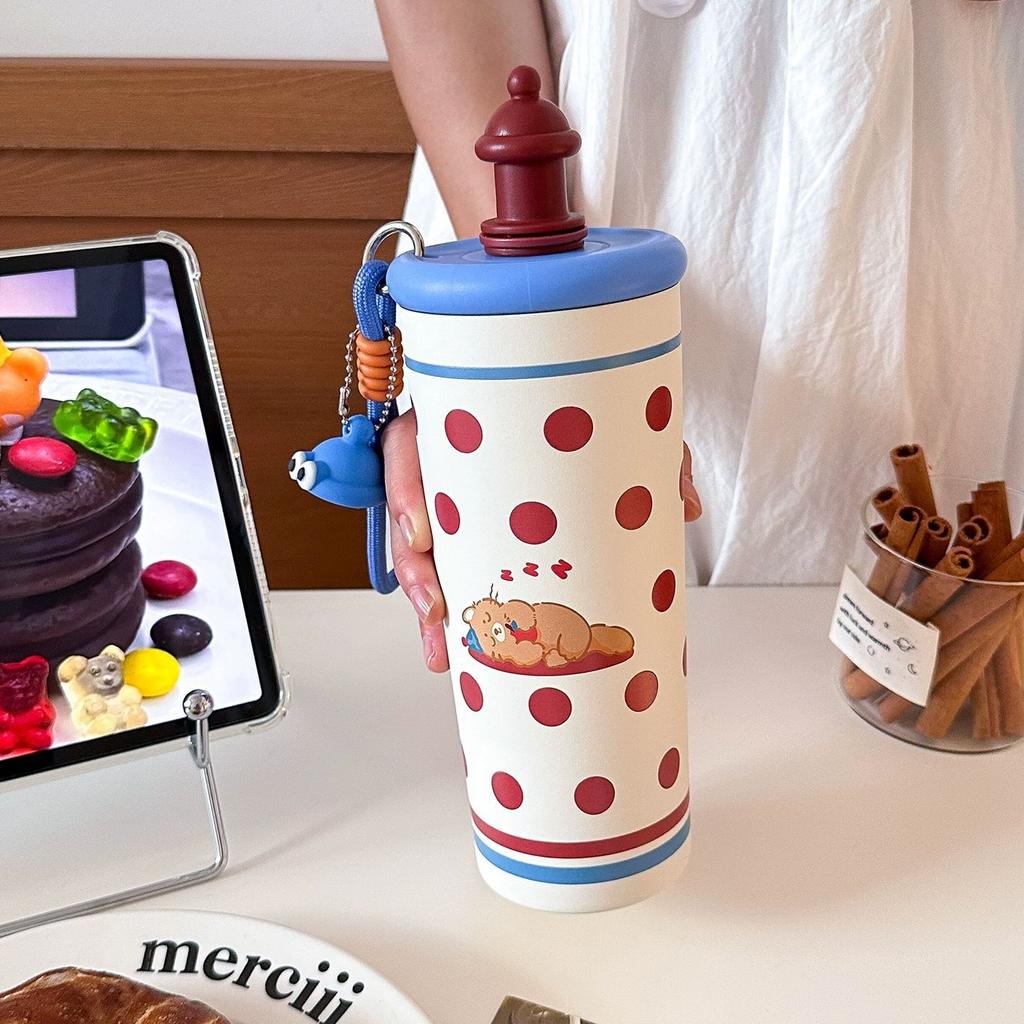 Cartoon High-value Straw Thermos Cup for Girls, Convenient Handle with Small Pendant 316 Stainless Steel Cute Accompanying Cup