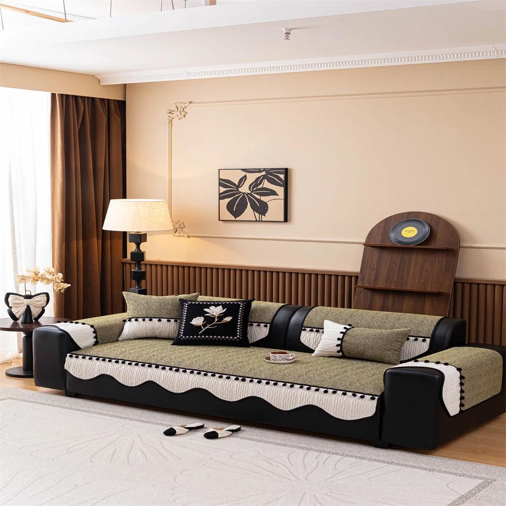 Retro Chenille Sofa Cushion Cover Universal Non-Slip Fixed Straight Row All-Seasons Slipcover for Home Comfort