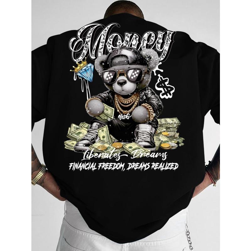 Fashionable men's summer teddy bear wealth letter print comfortable and breathable round neck T-shirt outdoor street top