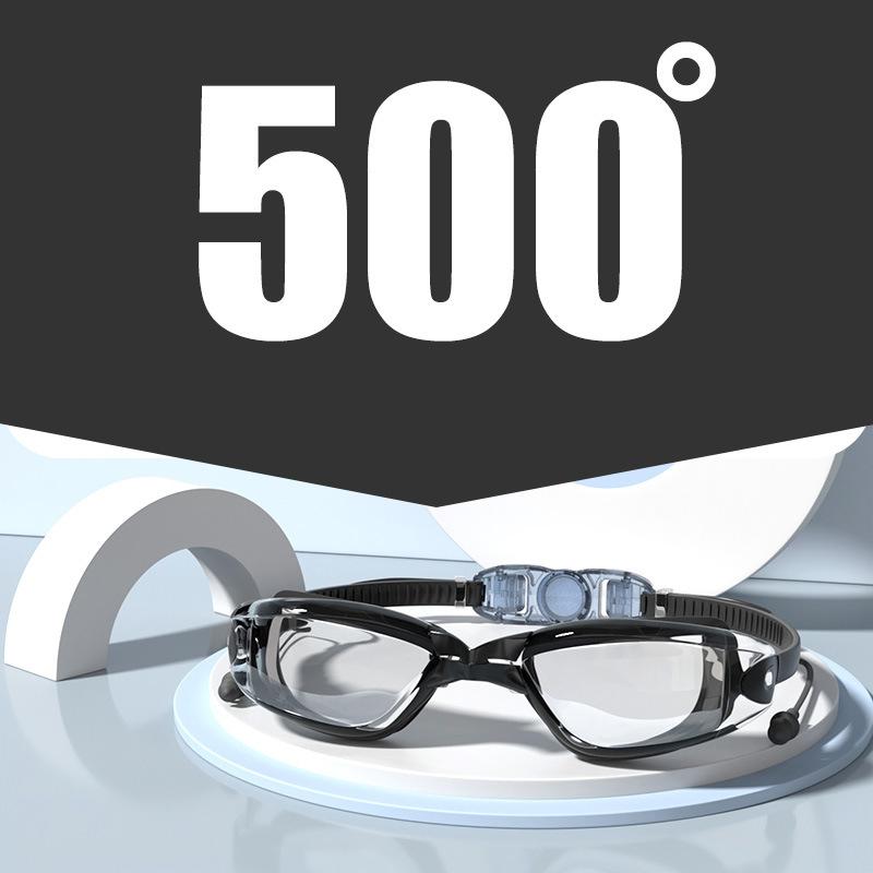 -1.5~-8.0 Adult Myopia Swimming Goggles Waterproof Anti-fog HD Transparent Electroplated Large Frame With Earplugs