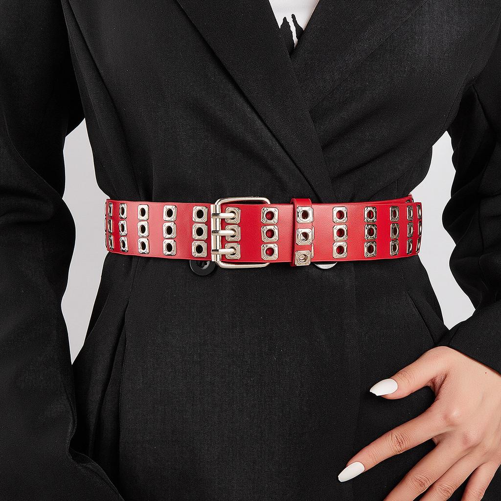 Double Row Retro Belt Iron Buckle Hollow Pattern Stylish Jeans Streetwear Looks