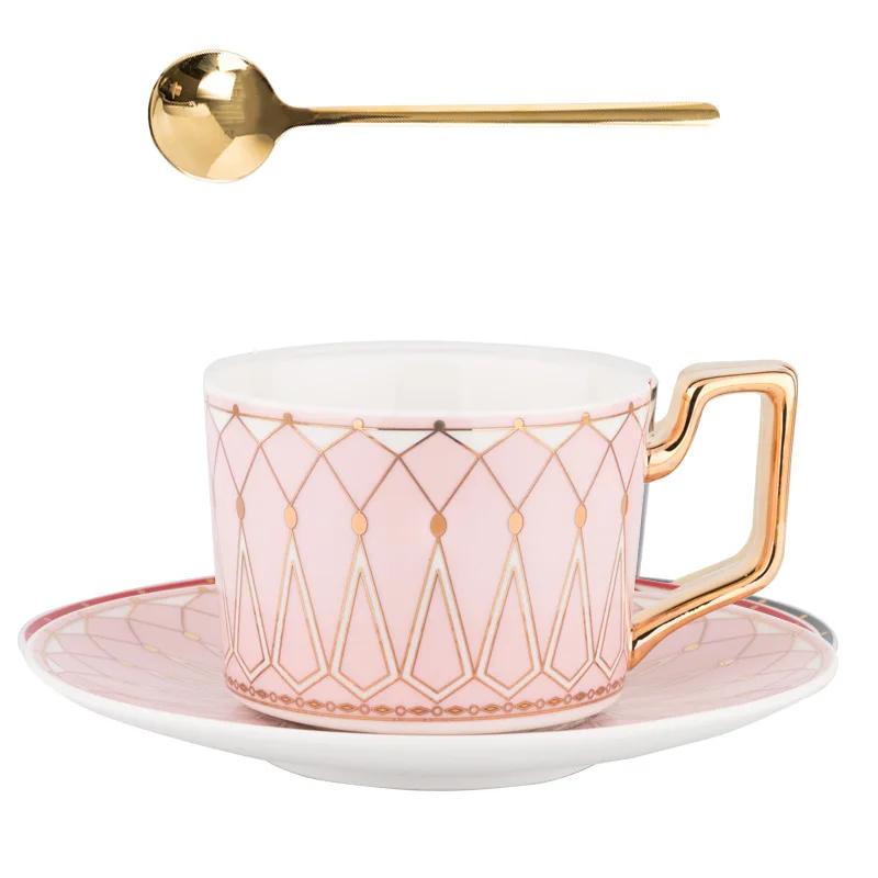 Coffee Cup and Saucer Set with Gold Rim, Ceramic Afternoon Tea Drinkware, Household Mug, British Style Luxury, 220ml