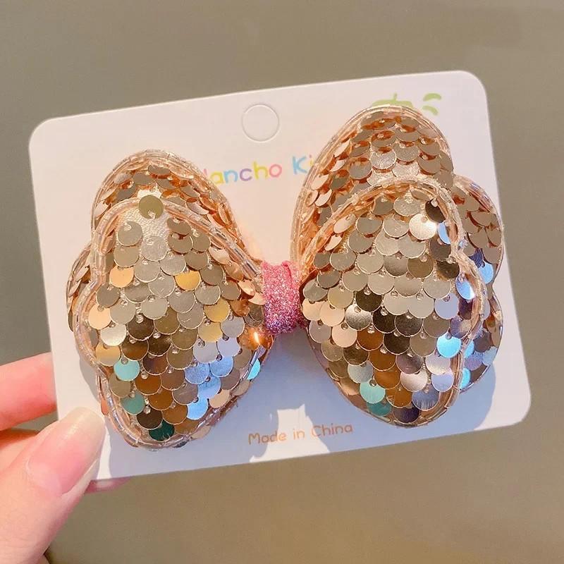 1pc Laser Sequins Bow Hair Clips Girls Children Headdress Bangs Side Duckbill Clip Sweet Cute Hair Styling Accessories Hairbands