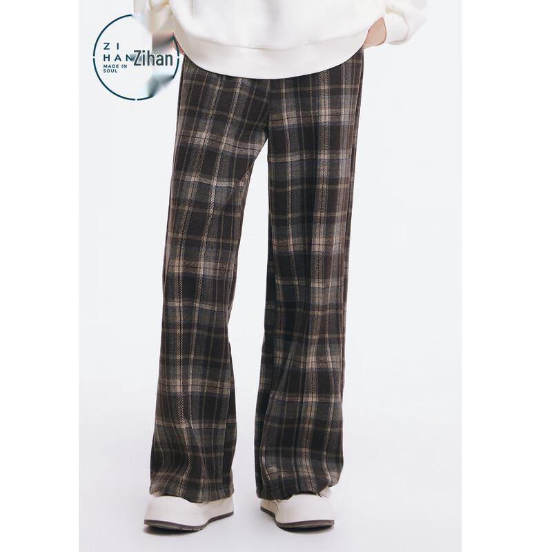 ZIHAN Women's Retro Coffee Plaid Wide-Leg Pants