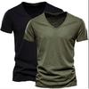 2 PC Summer Men'S New Solid Color Bamboo Cotton V-Neck Short Sleeved Pure Cotton T-Shirt