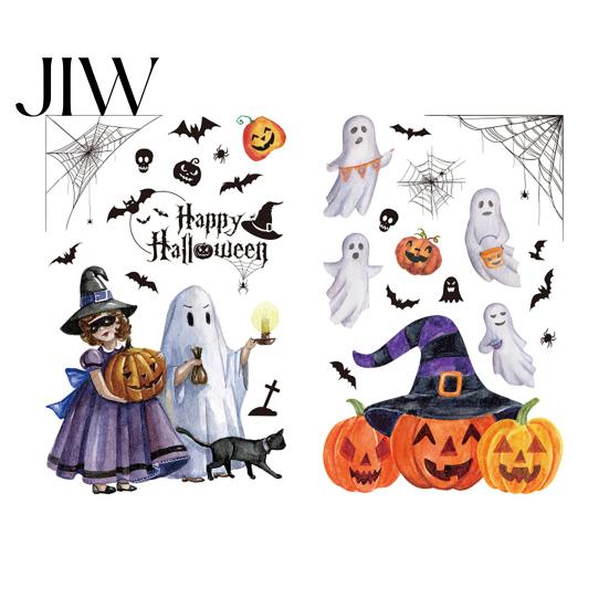 Glass Door Holiday Murals 2Pcs Watercolor Halloween Static Window Clings, Ghost Witch Pumpkin Black Cat Bat Decals, No-Glue Home Ornaments