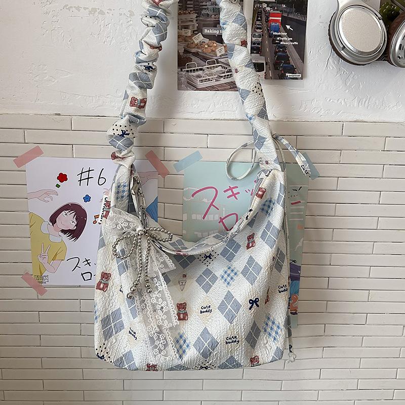 

Холщовая сумка с мультяшным принтом большой вместимости, цветочная, в непринужденном французском стиле, студенческая повседневная сумка на одно плечо .