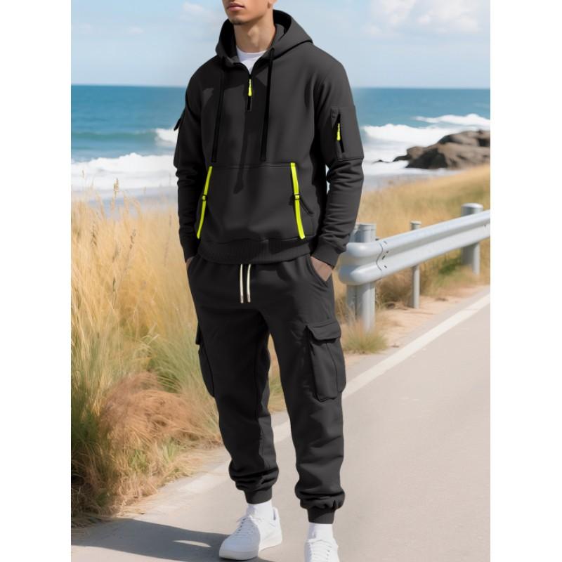 Men's Fall/Winter Fleece-Lined Set: Zipper Hoodie + Multi-Pocket Work Pants—A Stylish Two-Piece Set