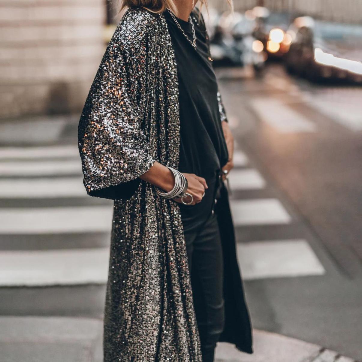 

Весенне-осенний женский модный кардиган с пайетками и длинными рукавами, куртка миди