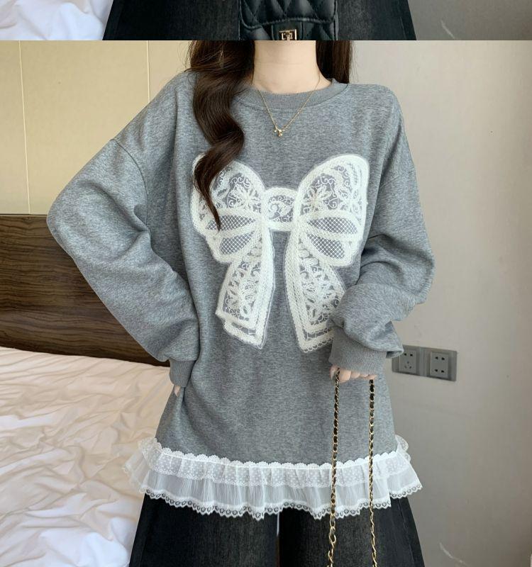 Plus Size Crocheted Lace Round Neck Slimming Long Sleeve Women's Autumn/Winter Bow Loose Mid-Length Top