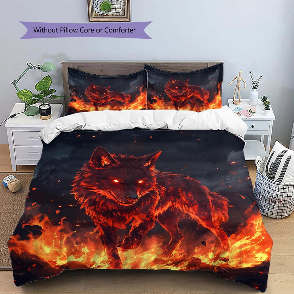 Flame Wolf Pattern Bedding Quilt Set Quilt Cover Pillowcase Home Decoration Gift (1 * duvet cover + 2 * pillowcase, without core)