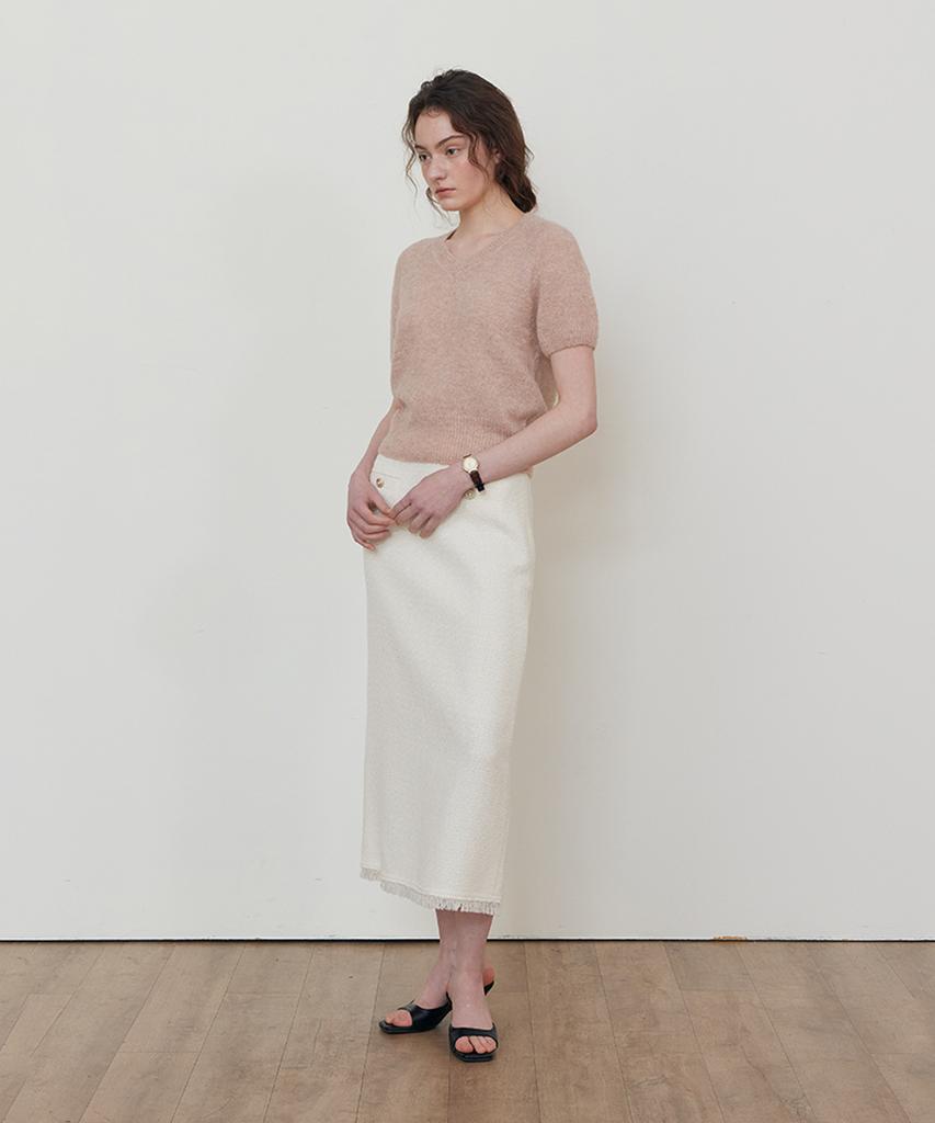 Step Around Tweed Fringe H-Line Skirt_Ivory