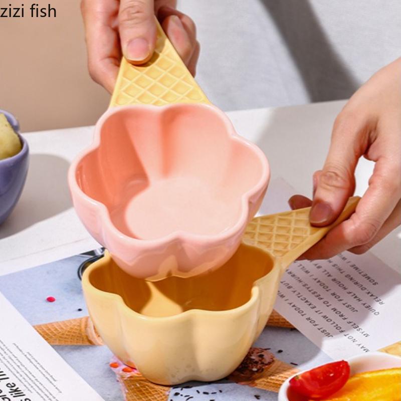 Eiscreme-förmige Keramik-Dessertschale Frühstücksschalen Griff Nudelschale Essteller Obstteller Suppenschalen Snackschalen Tablett
