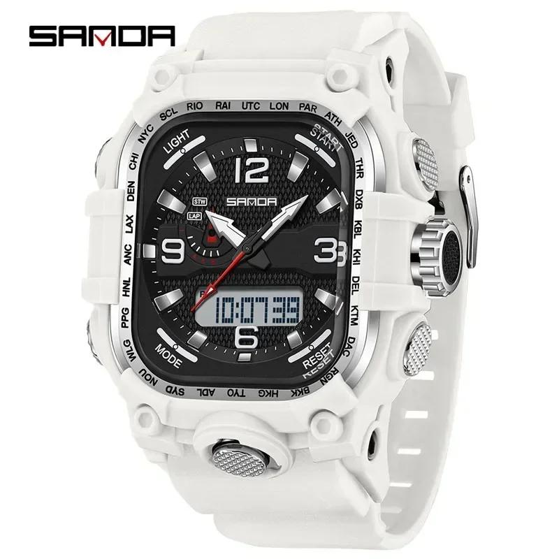 SANDA Luxury Brand Dual Display Men's Watch Luminous Waterproof TPU Soft Strap Large Dial Chronograph Calendar Sports Wristwatch