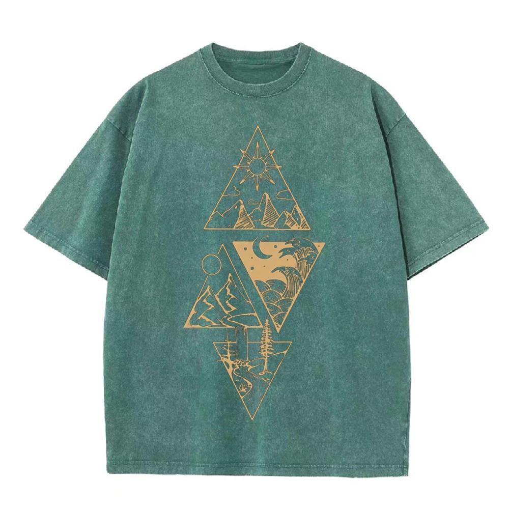 2026 Vintage Washed Black Triangle Mountain Wave Sun Moon Graphic T Shirt Nature Wilderness Line Print Oversized Casual Short Sl