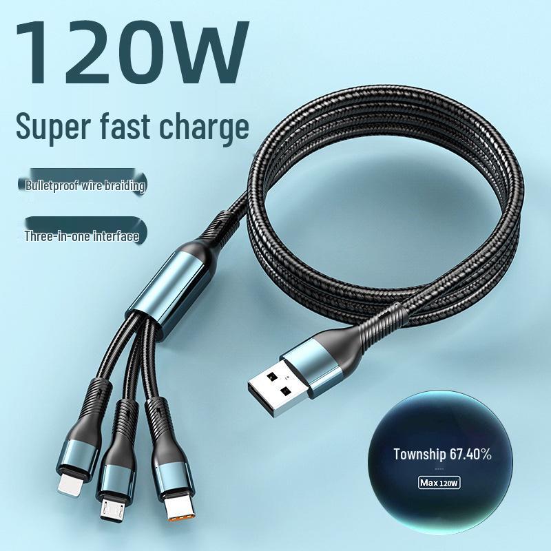120W Triple-Head Fast Charging Cable for Apple, Huawei, Android Devices