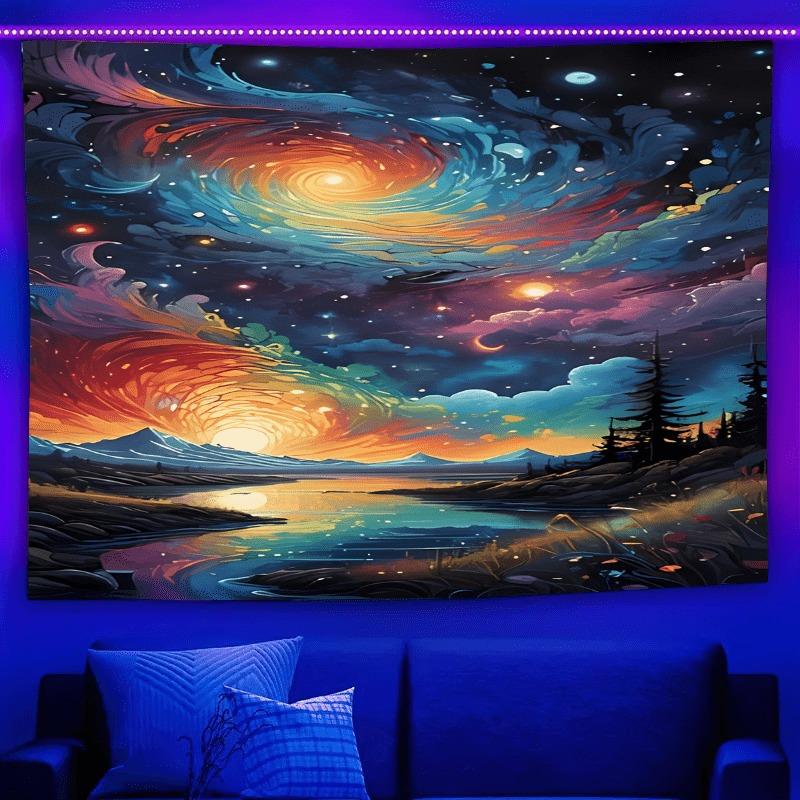 Ultraviolet cosmic vortex luminous tapestry, indoor mood to create atmosphere, psychedelic luminous art, bedroom decoration