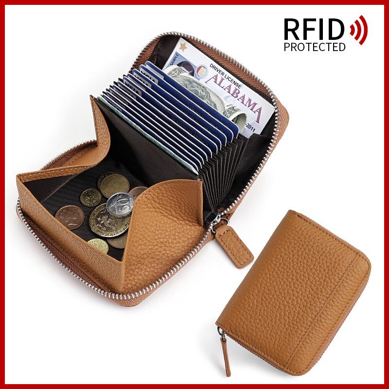 Japanese Style Cowhide RFID Card Wallet, Accordion Multi-Slot Anti-Skimming Zipper Genuine Leather Card Holder for Daily Use